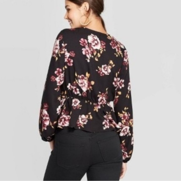 Xhilaration Black & Pink Floral V-Neck Cross Front Long Sleeve Blouse - Picture 2 of 8